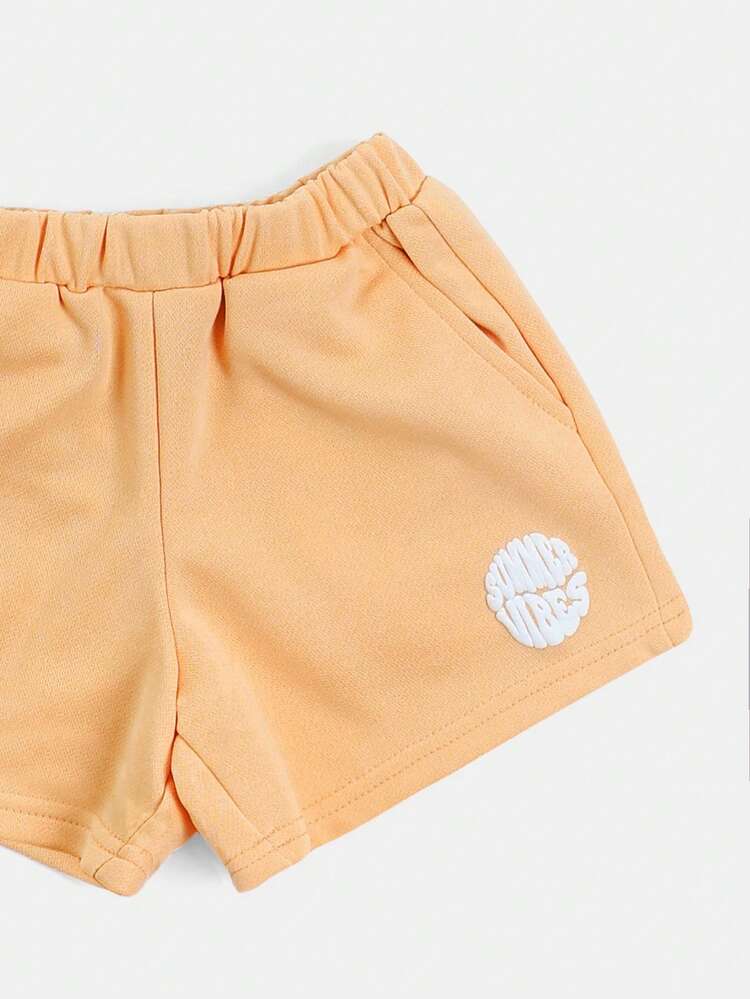Girls Summer Vibes Peach Co-Ord Set Crop T-Shirt With Shorts Casualwear Two Piece Outfit