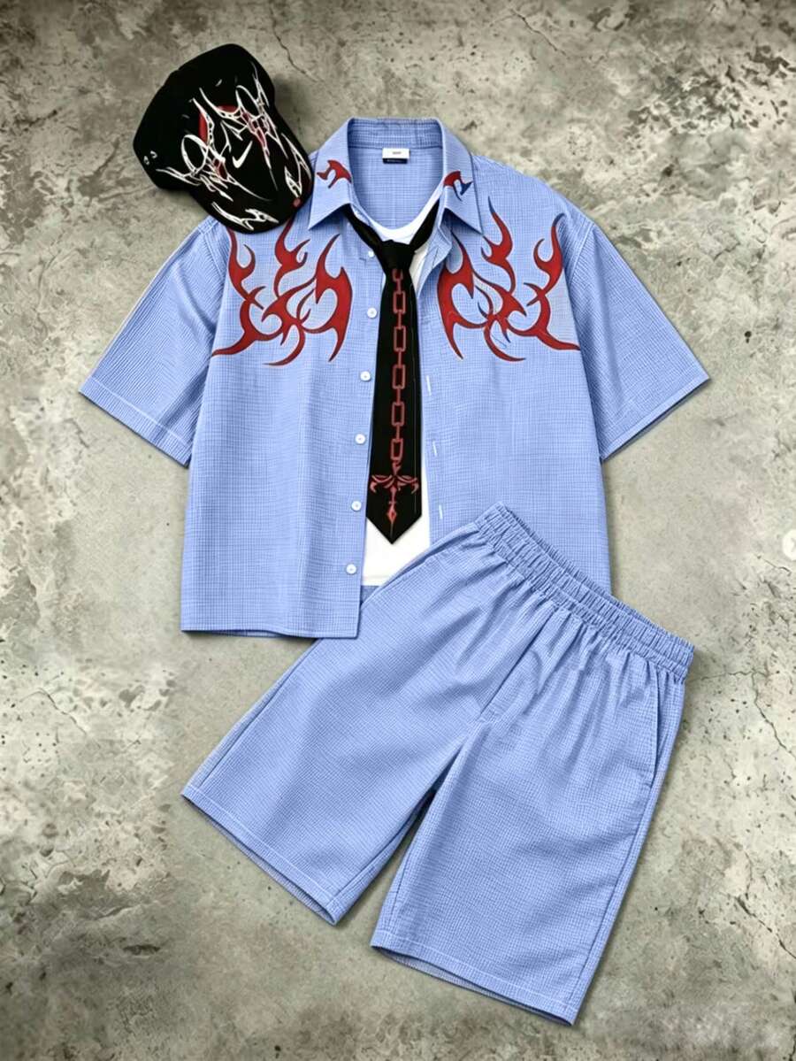 Manfinity Roghcode 男士多功能火焰条纹印花纽扣短袖衬衫和休闲工装短裤套装 - 藍色 - 查看 1