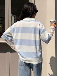 Mulvari Áo polo tay ngắn kẻ sọc dáng rộng thoải mái, thích hợp mặc mùa hè. - Xanh và trắng - Xem 2