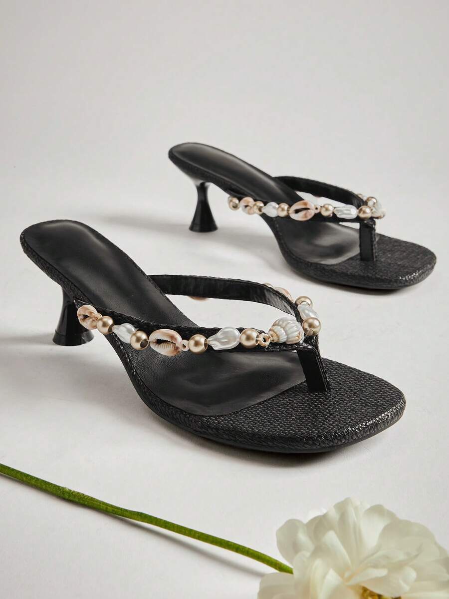 SHUZIA Women's Elegant Minimalist Metal Decor Thong Strap Slip-On Heeled Sandals - Black - View 1
