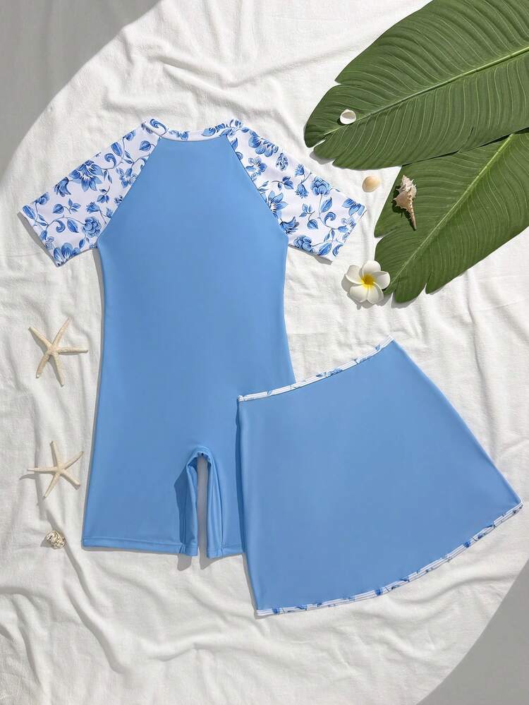 SHEIN Traje de baño de una pieza con media cremallera y falda con estampado floral para niña preadolescente - Multicolor - Añade 2