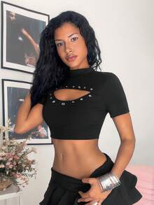 Jeanoix Summer Fashionable Sexy Hollow Out Fitted Ultra-Short T-Shirt - Black - View 5