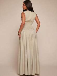 SHEIN Tall CURVE Đầm mùa hè cỡ lớn, kiểu dáng tối giản, cổ chữ V sâu, cài cúc phía trước, không tay. - Màu be - Xem 3