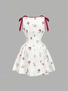 SHEIN MOD 大码女式碎花蝴蝶结装饰圆领无袖时尚连衣裙 白色混纺碎花 红色系带肩带 无袖A字廓形复古风格 春夏花园户外休闲日常穿着 柔软透气面料，夏季连衣裙 - 彩色 - 查看 3