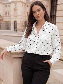 SHEIN LUNE Kemeja Lengan Panjang Kancing Depan Motif Polkadot Kasual Elegan Ukuran Besar untuk Sehari-hari Formal ke Kantor/Perjalanan Musim Gugur - Hitam dan Putih - View 4