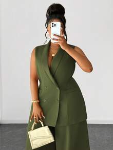Maweii Setelan Jas Wanita Ukuran Besar Kasual Elegan dengan Kancing dan Celana Panjang Lebar, Cocok untuk Kantor/Perjalanan, Musim Gugur/Musim Dingin - Dark Green - View 2