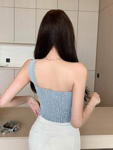 DAZY 春夏不对称露肩短款上衣，扭结设计，修身休闲，适合情人节、婚礼、度假、海滩、波西米亚风，优雅吊带背心，女士牛仔上衣 - 淺色水洗藍 - 查看 7