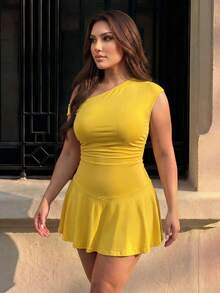 Hourglow Mono de talla grande casual de verano de unicolor con hombro asimétrico y fruncido, para Body de reloj de arena - Amarillo - Ver 3