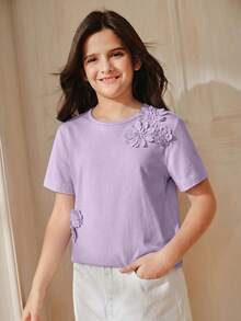 Anewsta Purple Girls' 3D Floral Decor Round Neck Short Sleeve Knit T-Shirt - Purple - View 7