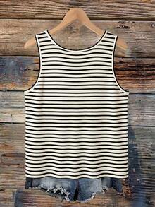 SHEIN VCAY Plus Size Summer Casual Striped Tank Top - Khaki - View 2