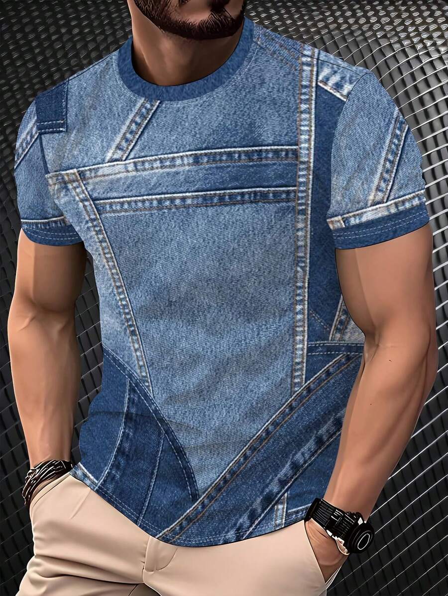 Manfinity Dauomo Áo thun nam tay ngắn cổ tròn in họa tiết giả denim - Nhiều màu - Xem 1
