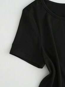 SHEIN Clasi 女款夏季黑色優雅夜出上衣，不對稱下擺蕾絲飾邊襯衫，短袖優雅蕾絲裝飾，派對雞尾酒會正式商務休閒 - 黑色 - 查看 3