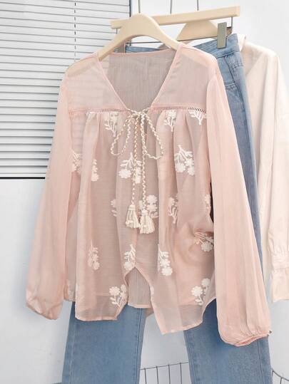Lacomfia Blusa elegante y romántica de mujer talla grande con bordado floral de gasa con flecos