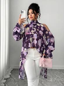 Elenzga 大码女式优雅梭织长袖绣球花数码印花半透明宽松衬衫 - 紫色 - 查看 7