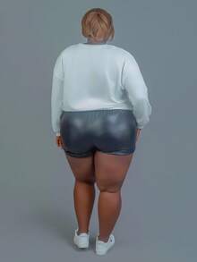 CurvyTilda Casual minimalistisk tecknad björnmönster med långärmad långärmad luvtröja i plusstorlek - Vitt - Visa 2