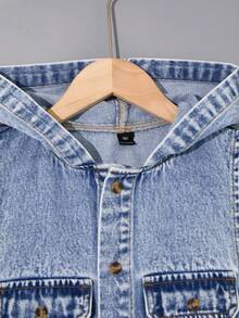 Tween Boy's Hooded Denim Vest And Shorts Set, Washed Style - Medium Wash - View 6