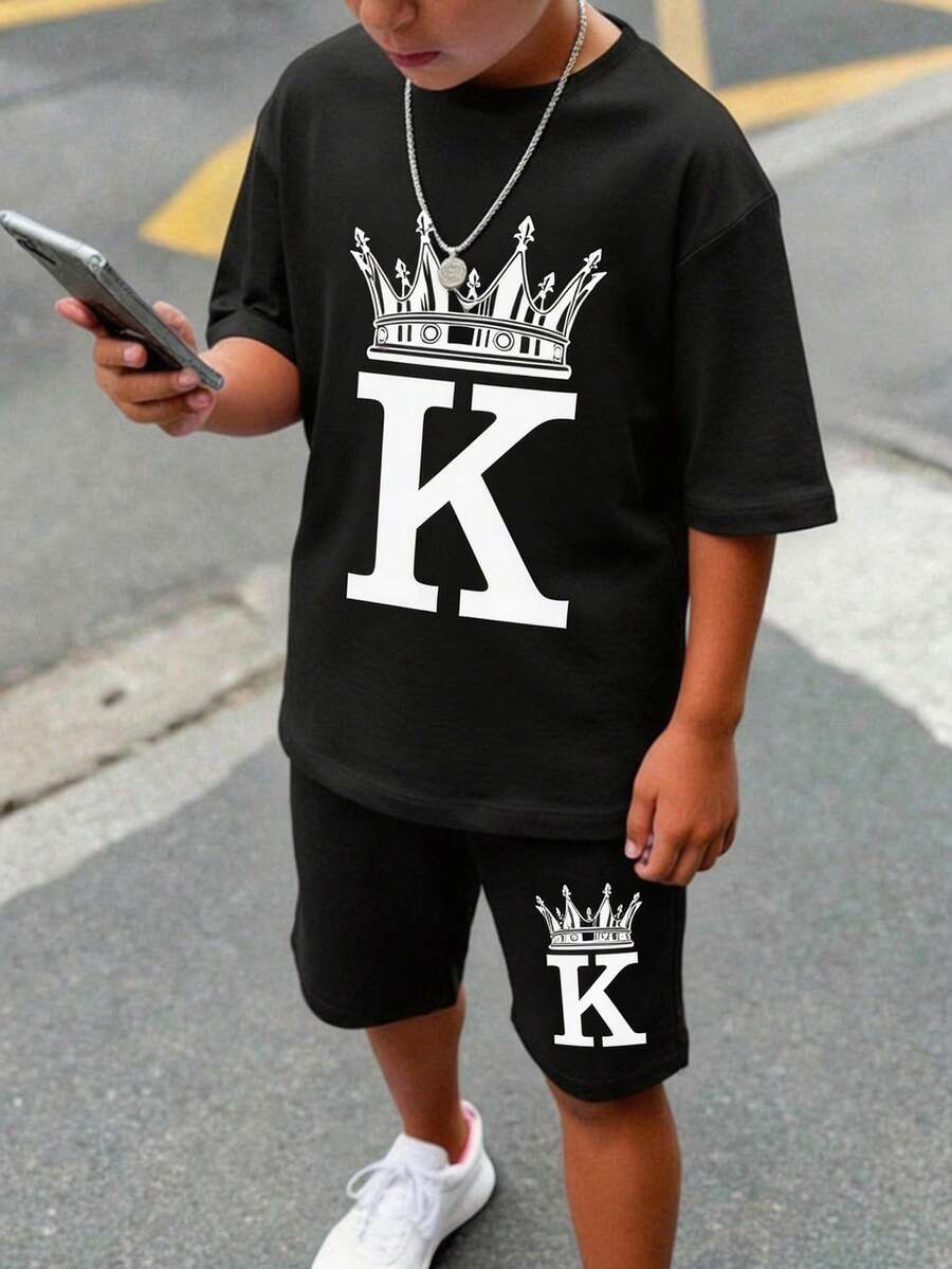 2pcs Tween Boys Casual Minimalist Round Neck Short Sleeve Shorts Set, Classic King Crown Print, Suitable For Summer Holiday Black - Black - View 1