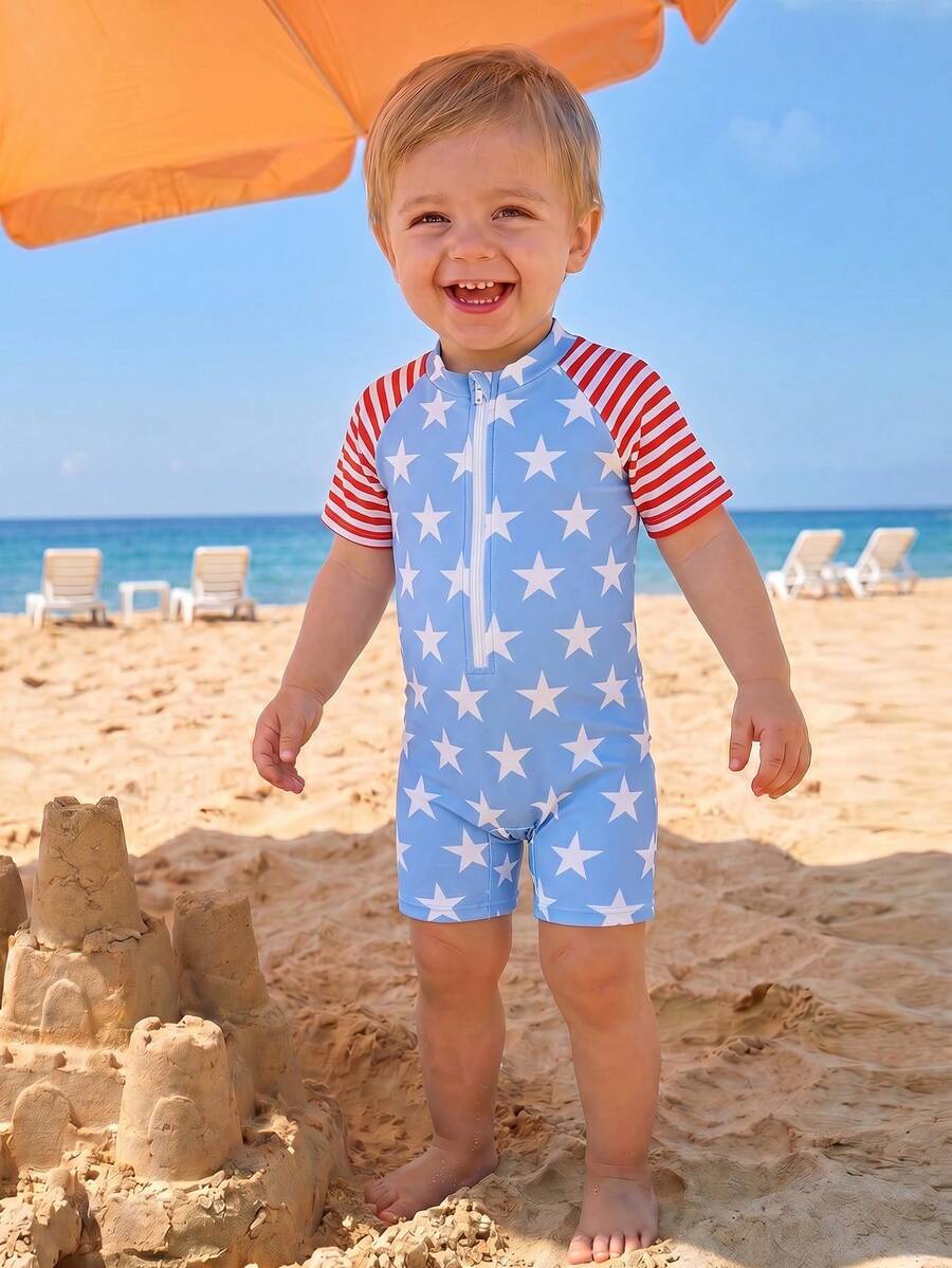 Traje de baño de una pieza lindo con estampado de estrellas y rayas para niños pequeños - Multicolor - Ver 1