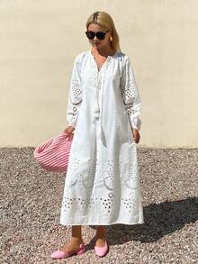 DAZY Vestido midi recto con cintura anudada y bordado floral casual para mujer, vestidos de verano para mujeres - Beis - Ver 4
