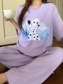 DAZY Print Loose Women Pajama Set - Light Grey - View 5