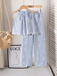 SHEIN Áo croptop không tay dáng rộng thời trang thường ngày cho bé gái, phối cùng quần ống đứng dáng rộng kẻ sọc kiểu boho, trang phục mùa hè cho bé gái. - Màu xanh nhạt - Xem 6