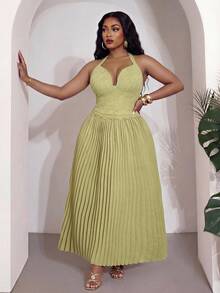 Slaydiva Nuevo estilo de verano, perfecto para fiestas de cumpleaños, vuelta al colegio, estilo preppy, ropa de estudiante, salidas diarias, básicos versátiles, estilo casual, vacaciones, viajes en crucero, playas, , tomar el sol, artículos, estilo callejero, estilo elegante y romántico, citas, compras, vacaciones románticas, sexy. Ajuste ceñido, verde sólido, cuello halter sin mangas con tirantes anudados, estilo de copa de busto, bajo plisado, vestido largo talla grande - B - Verde - Ver 10