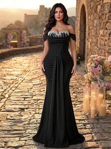 Aureia Đầm dạ hội cỡ lớn sang trọng, thanh lịch, đính cườm, dệt kim, phối sequin, xếp ly eo, vạt đuôi cá, dây buộc cổ có thể tháo rời, phù hợp cho mọi dịp trang trọng. - màu đen - Xem 8