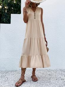 EMERY ROSE Button Detail Layered Hem Smock Dress Maxi Women Outfit - Apricot - View 6