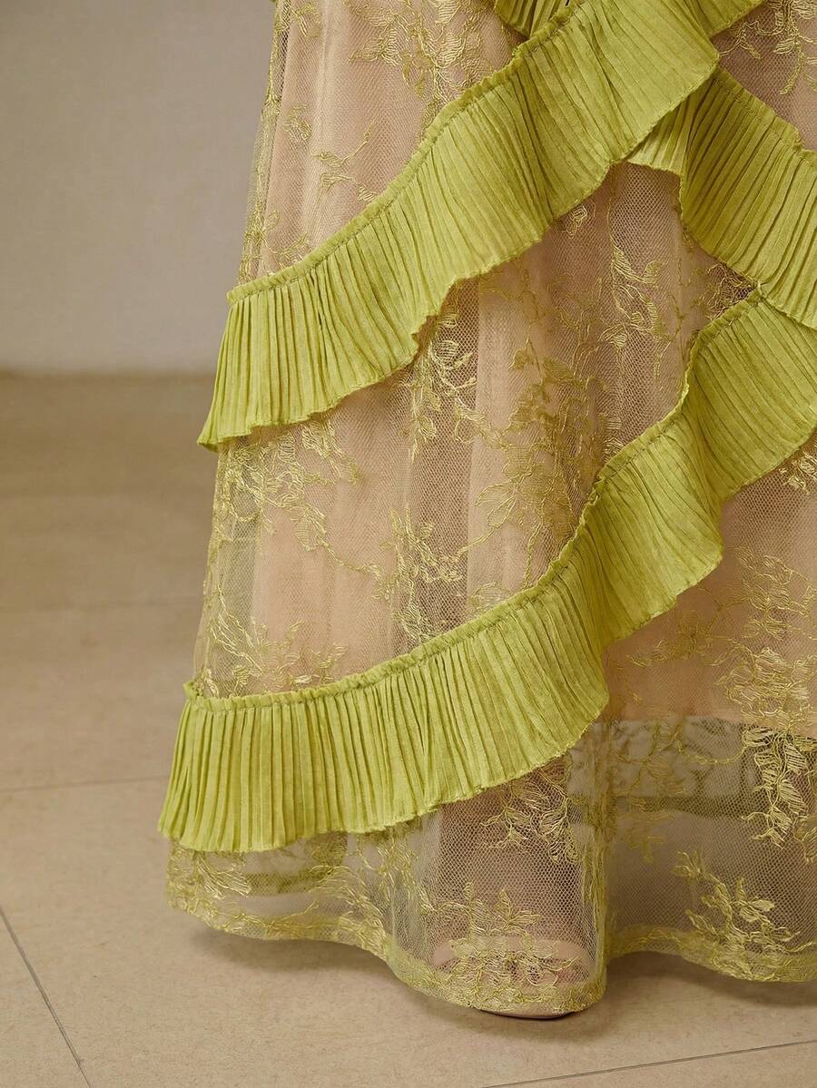 ZEYLAH 深V领蕾丝拼接褶皱荷叶边连衣裙,春夏款 - Limelight Green - 查看 1