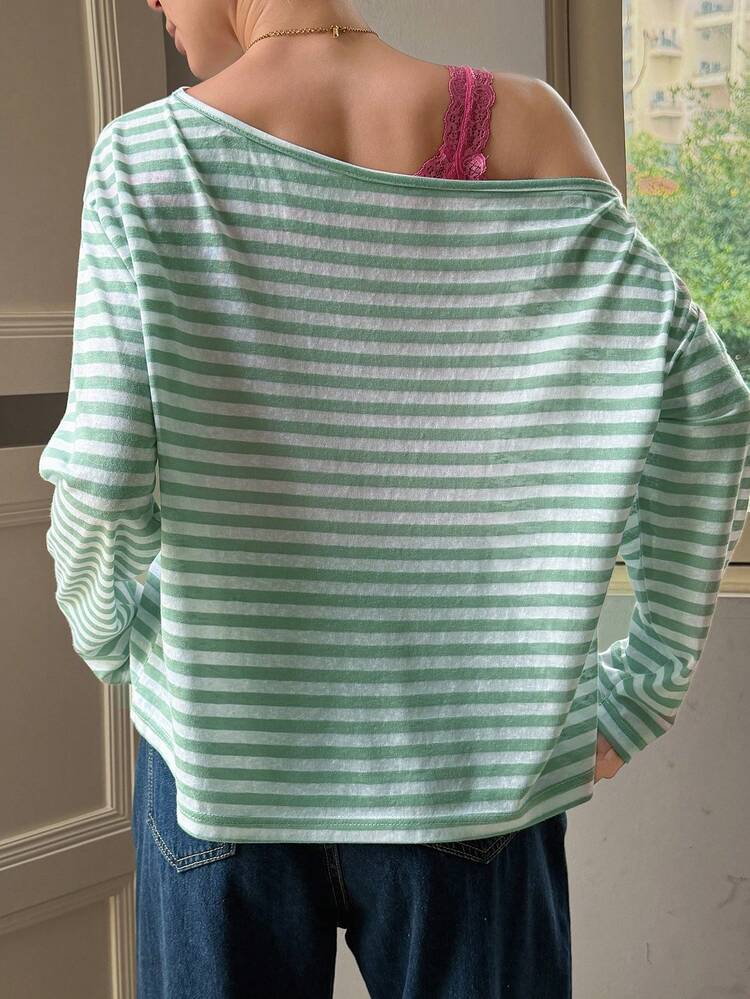 Women's Striped Asymmetric Neck Casual Versatile Daily Wear T-Shirt
