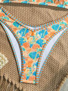 Swim Mod Set de 2 piezas de bikini para mujer, elementos aleatorios de colores del océano y correa con conchas, diseño con ribete geométrico de contraste - Multicolor - Ver 8