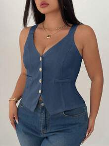 Elenzga Chaleco de mujer de talla grande con botones delanteros y cintura ceñida de unicolor - Azul - Ver 5
