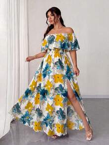 Elenzga Maxikleid in Große Größen für Damen, Frühling/Sommer Neuheit mit Blume Muster, Off-Shoulder Rüschensaum, romantisch sexy mit geraffter Taille. Geeignet für romantische Urlaubsreisen, Dates, Reisen, städtische Ausflüge, Musikfestivals und romantische Anlässe. - Verschiedenfarbig - Übersicht 6