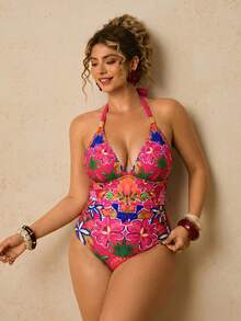 Travachic Traje de baño de una pieza con estampado floral colorido, escote halter en V, para mujer talla grande, ideal para vacaciones en la playa tropical - Multicolor - Ver 5