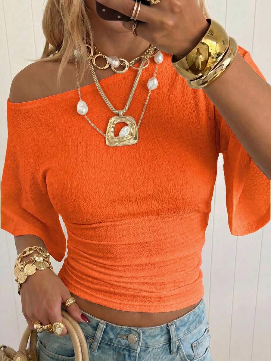 SHEIN EZwear 橙色针织女式不对称肩部休闲T恤 - 橘色 - 查看 1