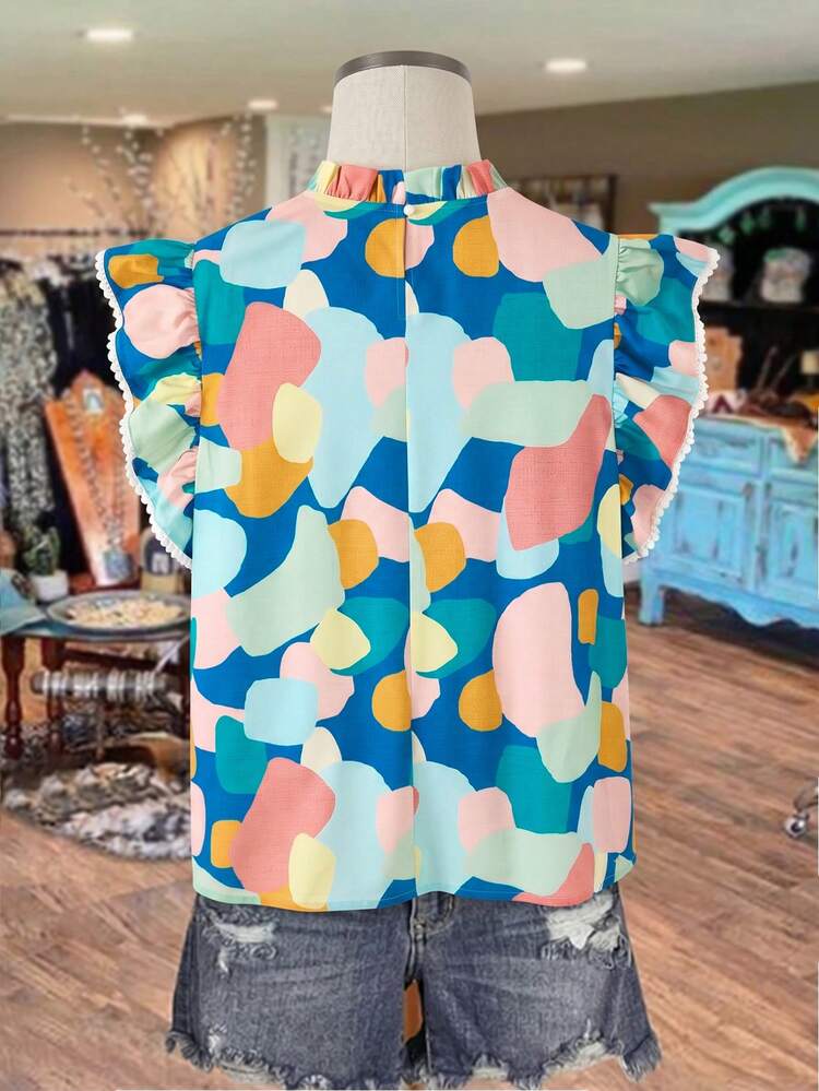 Plus Size Women Patchwork Color Block Lace Trim Shirt