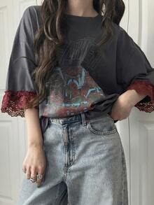 FRIFUL Women's Casual Loose Fit Letter Print Lace Patchwork Short Sleeve T-Shirt, Breathable Cotton Blend, Versatile For Spring/Summer Graphic Tees Women - Grey - View 4
