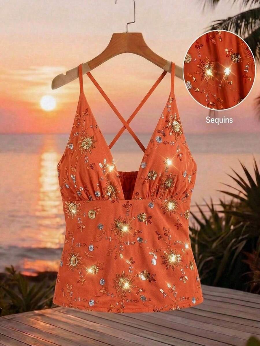 Ellevyn Women's Burnt Orange Boho Summer V-Neck Halter Top,Luxurious Beaded Floral Sequin Vacation Holiday Outfit,Brunch Day Party Zante Zoo Zoey Outfits