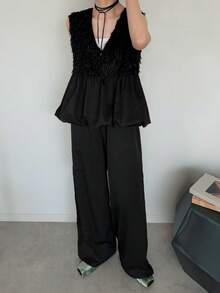 FRIFUL 女士夏季纯色毛绒质感面料拼接透视网纱褶皱宽松休闲百搭无袖两件套 - 黑色 - 查看 4