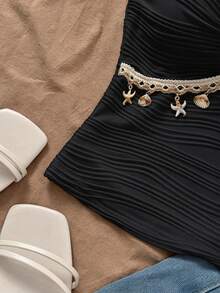 Selianne Áo tank top nữ phong cách thường ngày đi nghỉ mát, trang trí bằng dây chuyền hình vỏ sò và sao biển, họa tiết sao biển bằng kim loại, kiểu dáng lãng mạn cho kỳ nghỉ. - màu đen - Xem 5