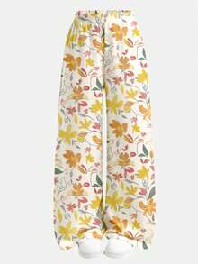 Tween Girl Spring/Summer Fashion Beach Vacation Solid Color Ruffle Cropped Short Sleeve T-Shirt And Floral Print Wide Leg Pants Set - Multicolor - View 8