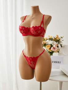 Esselle 2pcs Sexy Maple Leaf Lace Bralette Lingerie Set, Semi-Sheer - Red - View 5