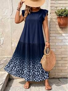 EMERY ROSE Plus Size Women's Summer Beach Vacation Ombre Leopard Print Backless Ruffle Armhole Pleated Hem Dress - Blue - View 2