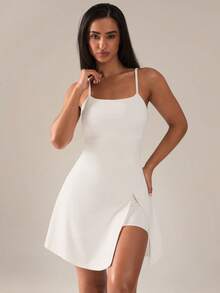SHEIN BAE 女士纯色吊带露背开衩运动连衣裙 - 白色 - 查看 1