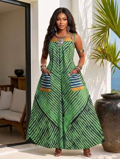 Brilight Contrast Stripe Print Loose Casual Jumpsuit With Slant Pockets