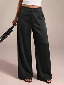 SHEIN PETITE CURVE Plus Size Women's Black Autumn Smart Casual Everyday Pants, CURVE Petite High-Waisted Wide Leg Loose With Pockets, Elegant Office Bussines Gym - Black - View 4