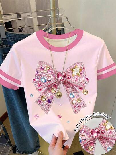 Young Girl Round Neck Contrast Trim Bow Decor Casual Versatile Daily Wear Short Sleeve T-Shirt