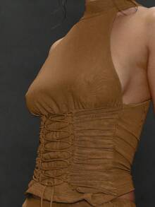 MUSERA Women's Solid Color Pleated Collar Backless Sexy Sleeveless Top - Brown - View 6