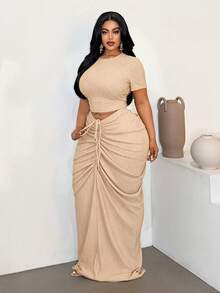 Maweii Plus Size Sexy Fitted Beach Ruched Skirt Set - Khaki - View 1