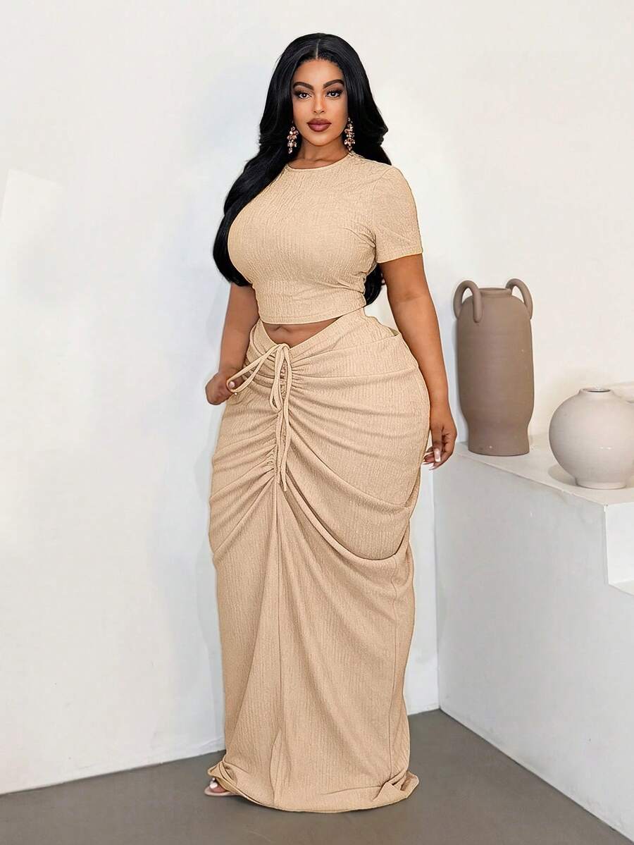 Maweii Plus Size Sexy Fitted Beach Ruched Skirt Set - Khaki - View 1